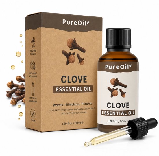 Flesje en doosje PureOil Kruidnagel Etherische Olie 50ml. De verpakking vermeldt '100% Pure Clove Oil' en 'Vegan'.