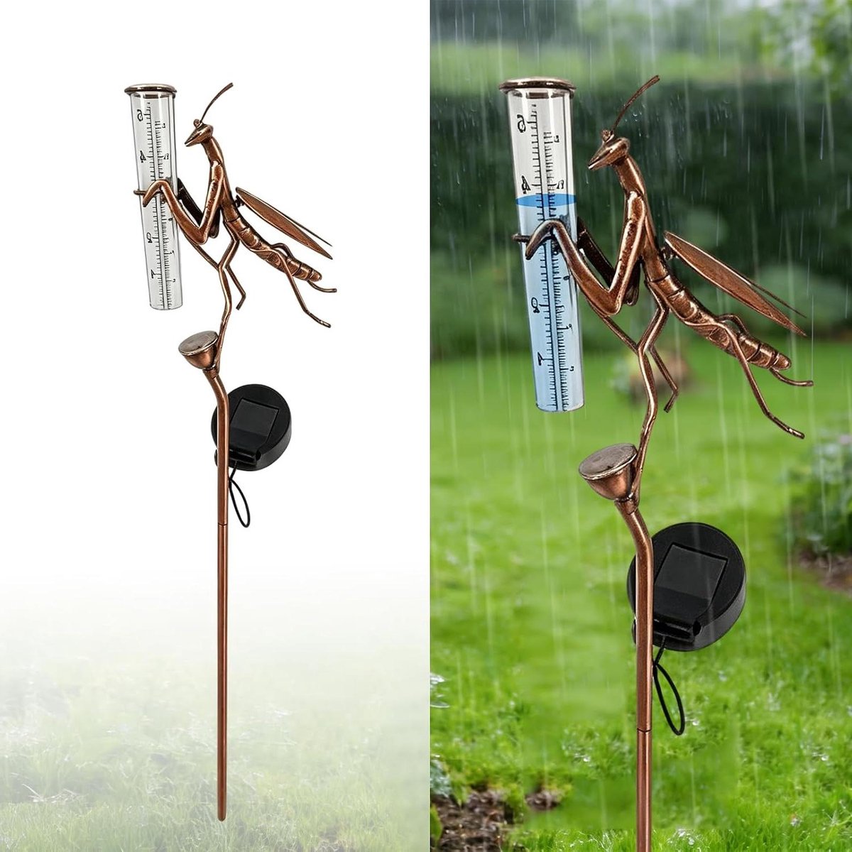 Decoratieve Regenmeter - Tuinmeter Neerslag - Tuinieren Weer Meten - Zonne-energie Ledverlichting - 61 cm Hoog - Groen