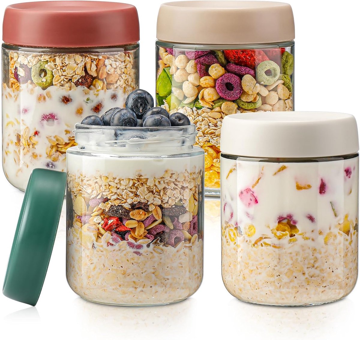 Bobypet - Overnight oats potjes - Glazen voorraadpotten met deksel - Set van 4 - 480 ml per pot - Voedselgeschikt glas - Voor havermout, yoghurt en ontbijtvoorbereiding - Geel, rood, groen, kaki