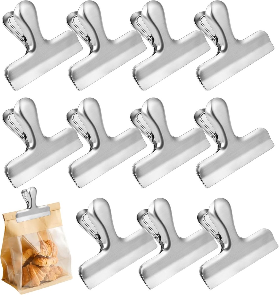 Bobypet - Zakclips - RVS chipsclips en voedselclips - Set van 12 - Stevige clips voor het afsluiten en bewaren van zakken - Voor keuken en kantoor - 7,6 cm - Zilverkleurig
