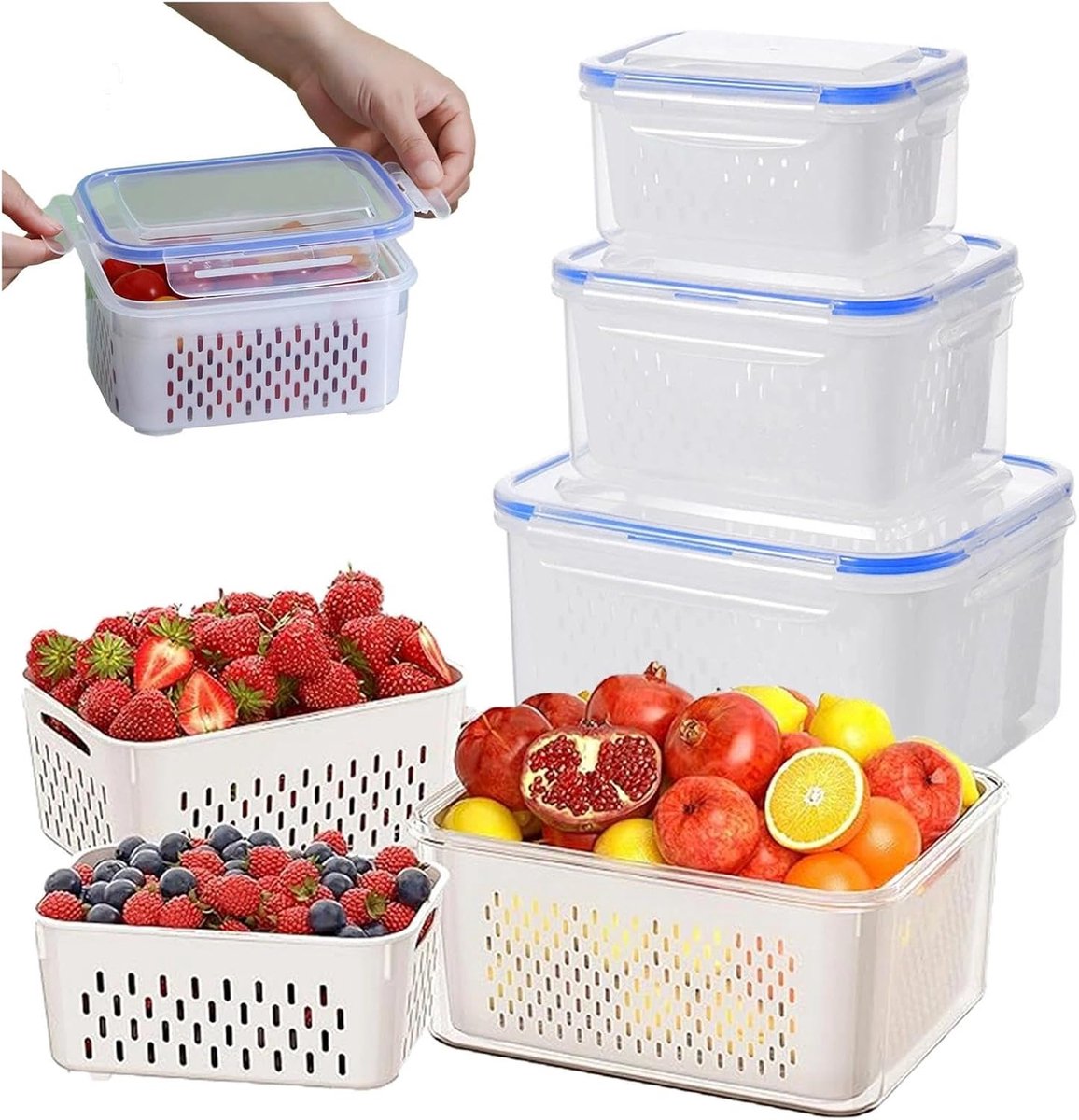 Bobypet - Vershoudbakjes - Koelkast organizers met deksel - 3-delige set - Met uitneembaar filter - Stapelbare voedselbewaarcontainers voor koelkast en keuken - 3300ML+1750ML+850ML - Blauw
