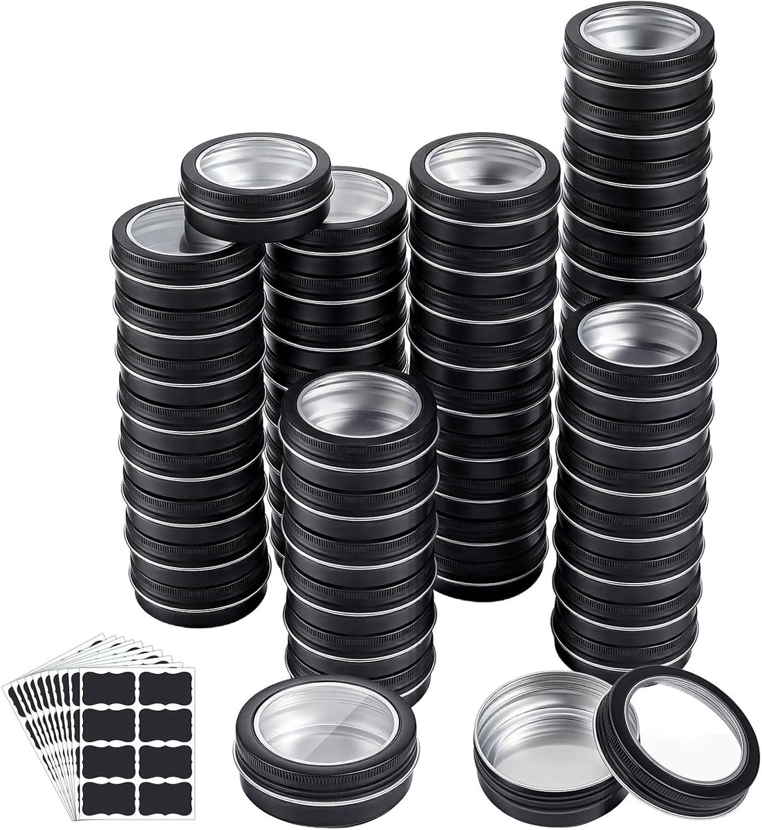 50 stuks aluminiumoxide geschenkdozen met vensterdeksel, 60 ml, schroefdeksel, ideaal voor cosmetica, lippenbalsem en kaarsen, inclusief zelfklevende etiketten en 10 vellen papier