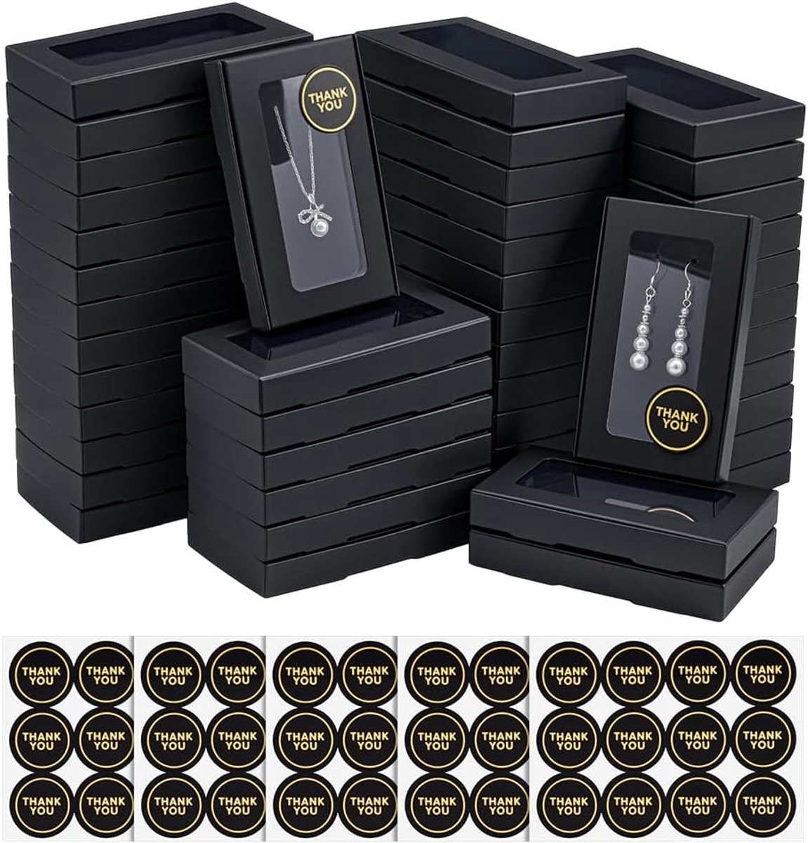 Sieraden geschenkdoos met venster - Kartonnen verpakking voor halskettingen, armbanden en oorbellen - Inclusief 3 stickers - 5,4 x 3,2 x 0,76 cm (zwart)