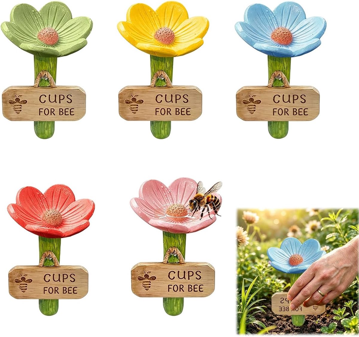 Vogelbadjes in bloemenvorm, set van 5, compact en robuust, ideaal voor bijen, vlinders en tuinplanten