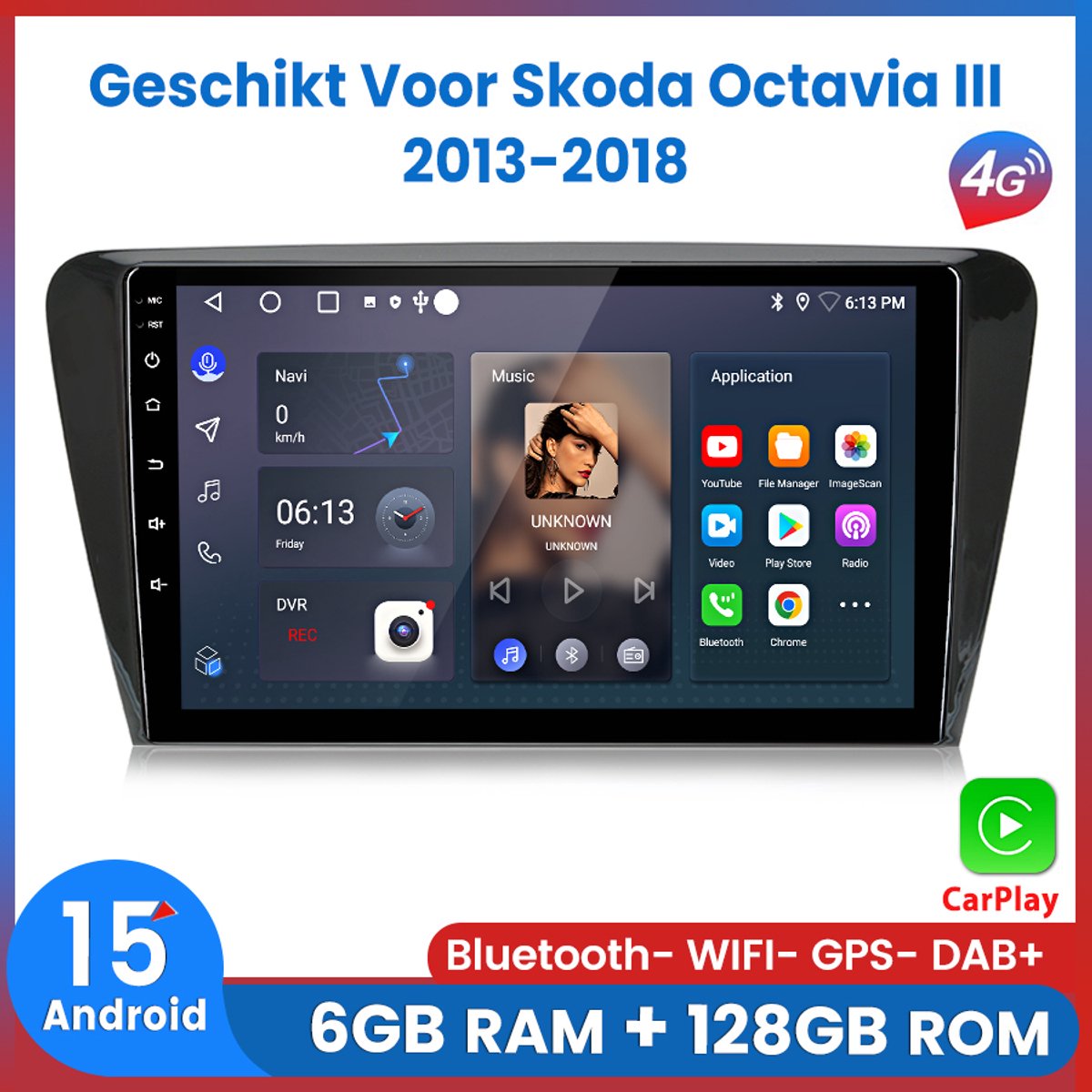 Awesafe 6+128GB Android 15.0 Carplay Autoradio - Geschikt Voor Skoda Octavia III 2013 t/m 2018 - Draadloze Carplay Android Auto - Touchscreen - GPS Navigatie 4G WiFi - Bluetooth Radio - 2014 2015 2016 2017 2018