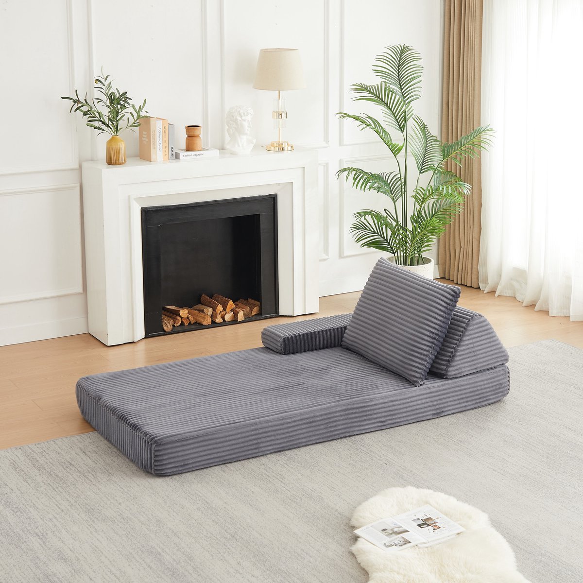 PHOEBE CAT Chaise longue - Tatami - Corduroy bank - Met driehoekige rugleuning - Verlengd zitkussen - Armleuning rechts - Grijs