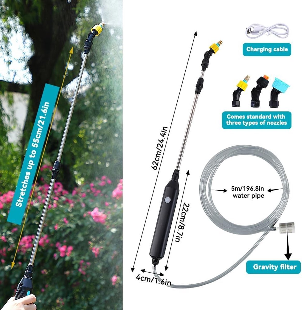 Elektrische Tuinsproeier - Zwart - 5 m Slang - Oplaadbare Sproeier met Telescopische Lans - Voor Tuin en Planten