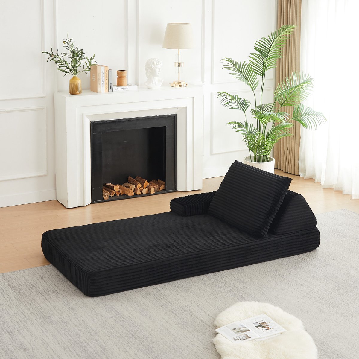 PHOEBE CAT Chaise longue - Tatami - Corduroy bank - Met driehoekige rugleuning - Verlengd zitkussen - Armleuning rechts - Zwart