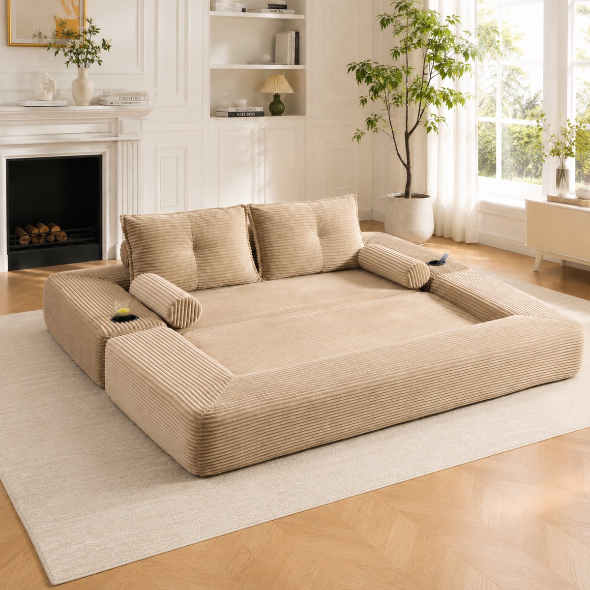 Wishdor Slaapbank 2-zits - uitklapbaar - cordstof - bekerhouder - opbergtas - memorykussens - khaki - voor woonkamer en logeerkamer - 180 cm
