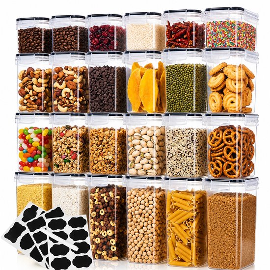 Un set complet de 24 boîtes de conservation transparentes remplies de grains de café, noix, bonbons, pâtes et céréales.