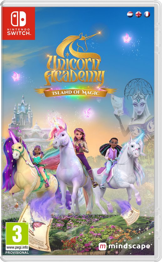 Nintendo Switch speldoos 'Unicorn Academy: Island of Magic' met meisjes op eenhoorns.