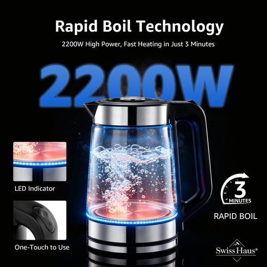 Glazen waterkoker met blauwe LED-verlichting, water kookt. Toont LED-indicator en één drukknop.