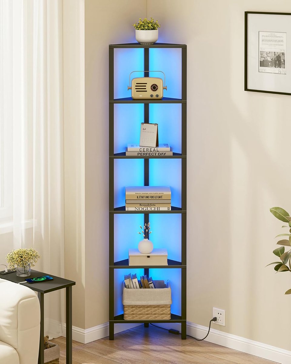 Hoppa! Hoekplank met LED-licht - 6-laags hoekboekenplank voor kleine ruimte - Zwart - 26 x 26 x 149 cm (B x D x H)