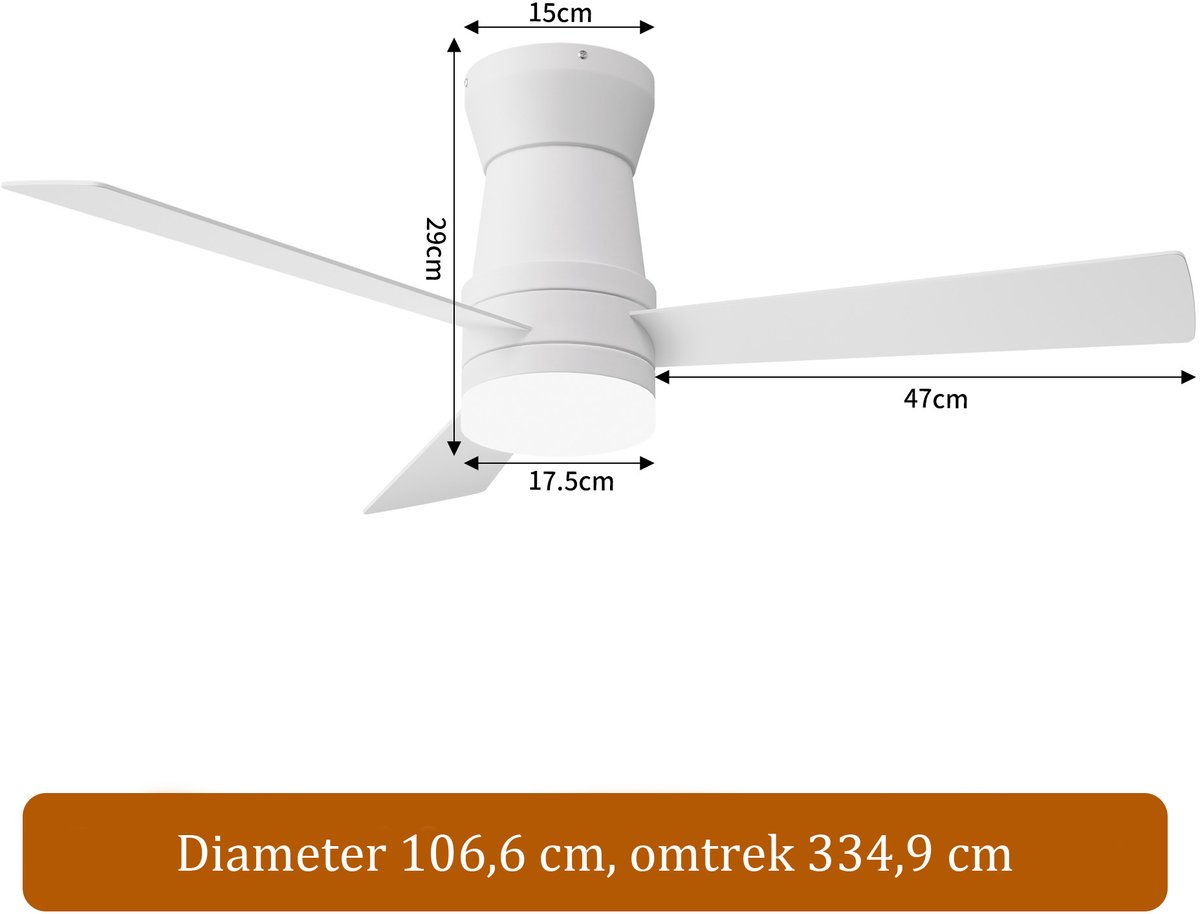 2-in-1 Plafondventilator, LED-Verlichting, 3 Instelbare Kleuren, 6 Snelheden, 3 Bladen, Sfstandsbediening, Timerfunctie, Geschikt voor Zowel Winter als Zomer, Ideaal Woonkamer (Wit, 107 cm)