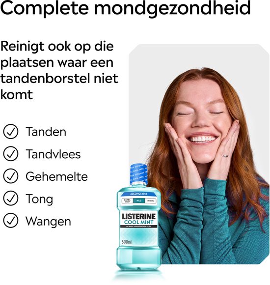 Listerine Cool Mint Mild Mondspoeling, Met Essentiële Oliën, Tegen Slechte Adem en Tandplak, Mild Muntsmaak, 3x500 ml
