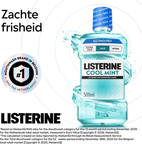 Listerine Cool Mint Mild Mondspoeling, Met Essentiële Oliën, Tegen Slechte Adem en Tandplak, Mild Muntsmaak, 3x500 ml