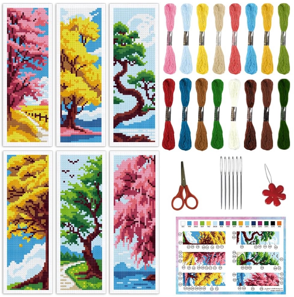 Dailygoods - INFUNLY 6 Stks/set Boom Kruissteek Bladwijzer Kit Seizoensgebonden DIY Kruissteek Bladwijzer voor Volwassen 8 "x 2.4" Vintage Borduurwerk Bladwijzer Landschap Handgemaakte Bladwijzer met Instructie