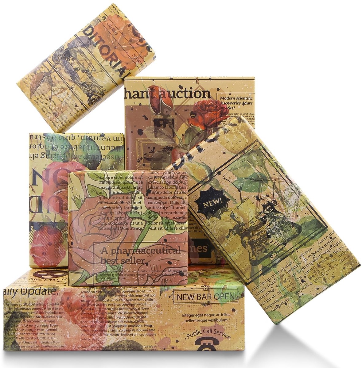 Dailygoods - Vintage rozen geschenkpapier, 6 vellen dubbelzijdig retro bloemen cadeaupapier krantenroos bloem gevouwen kraftpapier gevouwen voor verjaardag, Moederdag, bruiloft, kerstverpakking, 50,8 x 73,7 cm