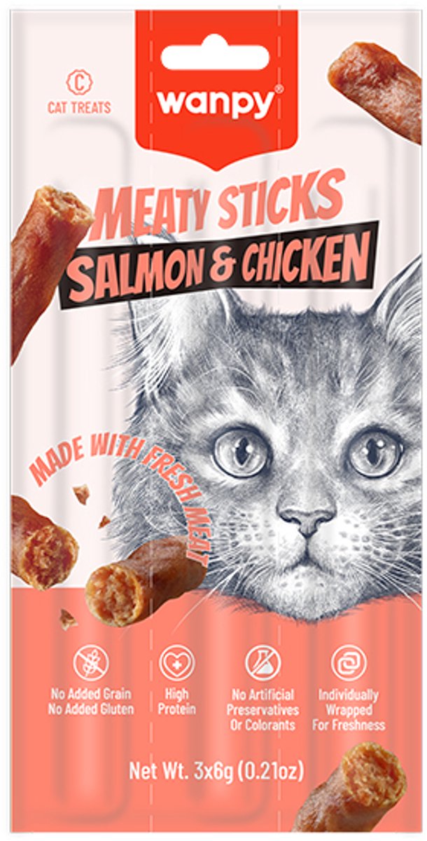 Wanpy - Vleessticks - Zalm & Kip - Kattensnack - 15 x 3 sticks