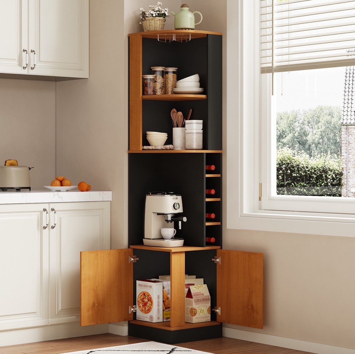OKWISH Hoekkast – Hoek Wijnkast Met Wijnglasrek – 40x40x182 cm – 2 Deuren En Open Vakken – Ruimtebesparend – MDF Zwart