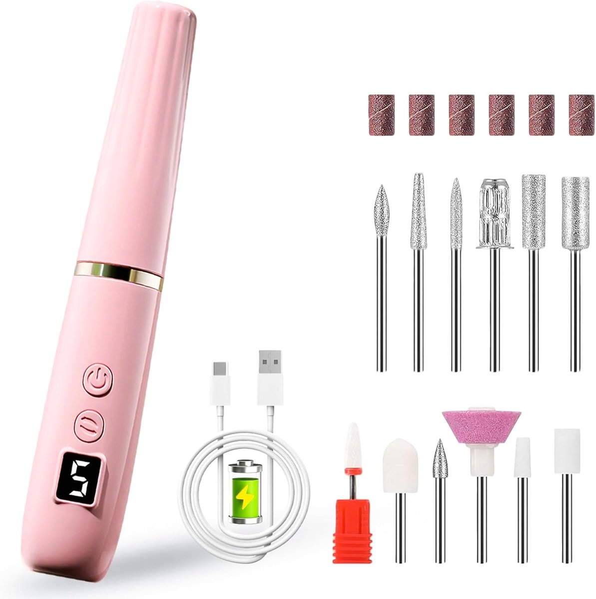 Elektrische Nagelvijl - Nagelboor - Nagelfrees 18000 RPM - 12 Bitjes & 6 Schuurrolletjes - Elektrische Nagelvijl Draadloos - Luxe Roze Nagelriem Frees - met LED Verlichting - Multifunctionele Manicure en Pedicure Set - 5 Snelheden
