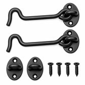 Windhaak 11 cm - Zwart - Set van 2 - Inclusief 8 Montageschroeven - Roestvrijstalen Haak en Oog Sluiting met Poedercoating - Voor Deuren, Schuren, Hekken, Ramen en Kasten (110mm)