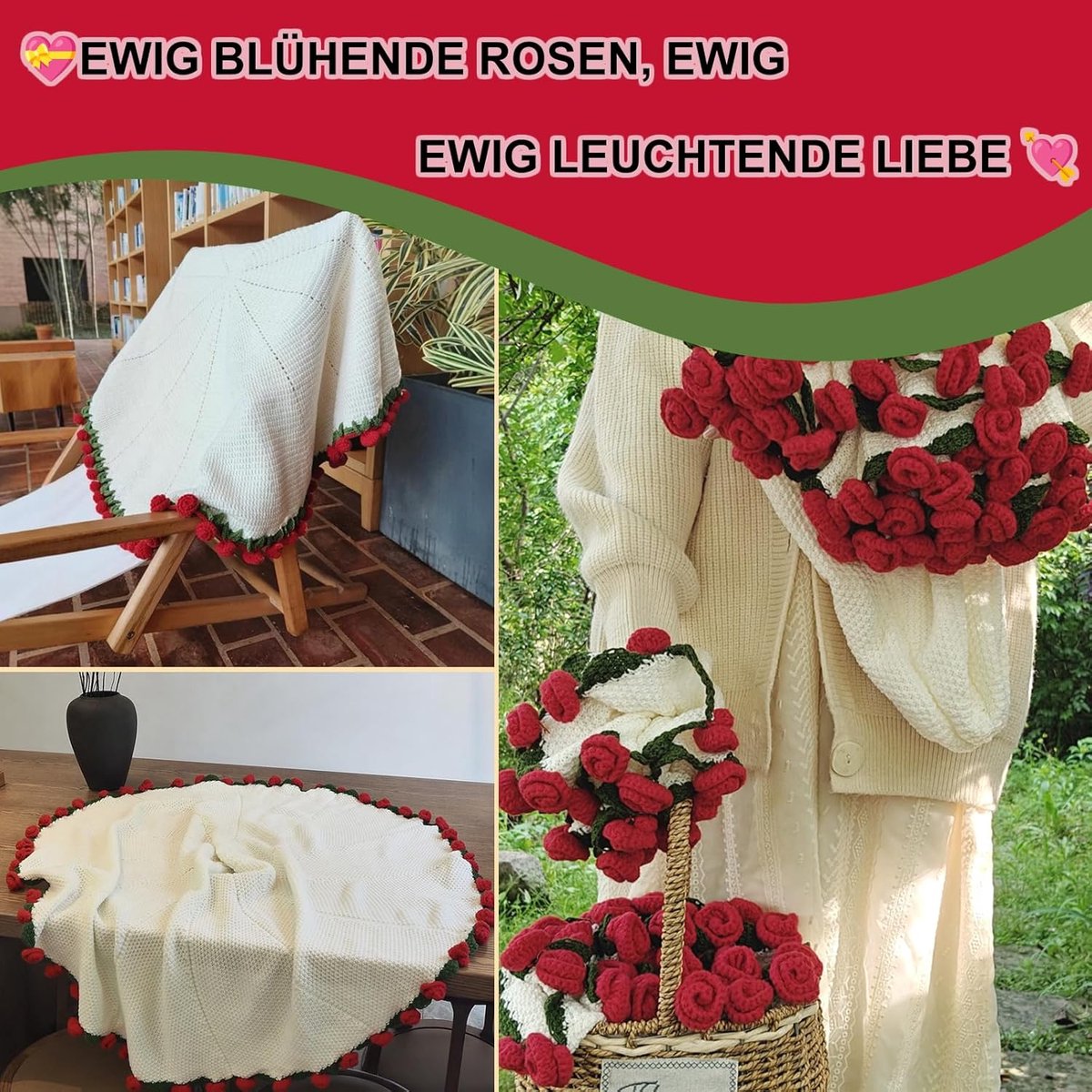 boeket-deken, rozenboeket, gehaakte deken, van gehaakte rozen en gebreide bankdeken, handgemaakt, opvouwbaar, zacht boeketdeken voor Moederdag, jubileum en verjaardag