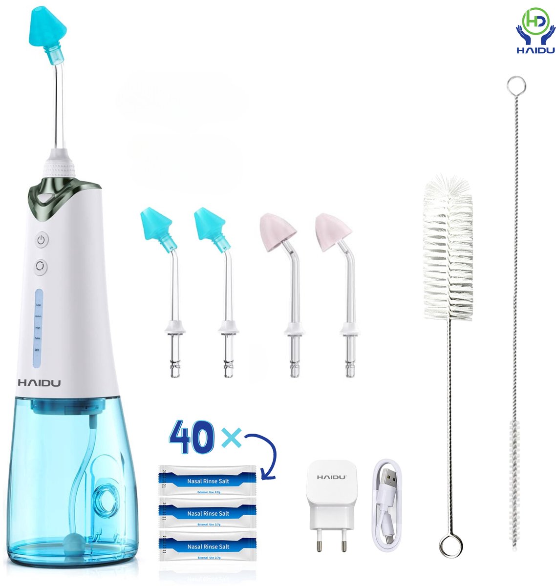 HAIDU Neusdouche Vital – Incl. 40 Zakjes Spoelzout, Cleaning Kit & USB Adapter – Elektrische Neusspoeler – 5 Standen – Complete Care