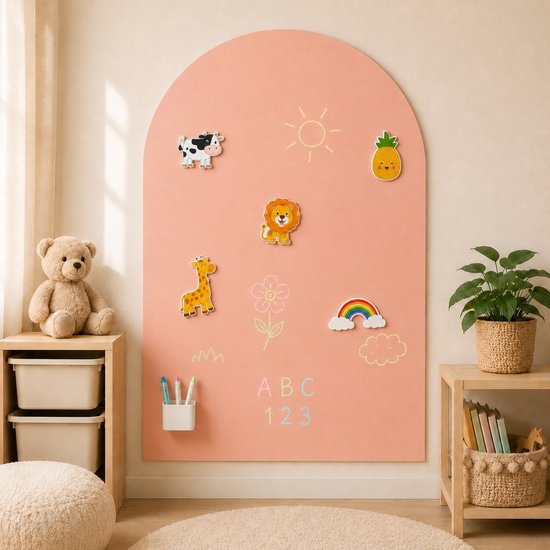Daily Logix Magnetische Muursticker / Magneetsticker – Zelfklevend & Hecht op Meerdere Oppervlakken – Krijtbord‑functie – Groot Formaat Boog / Rechthoek – Educatieve Wanddecoratie voor Kinderen - Roze/Rood
