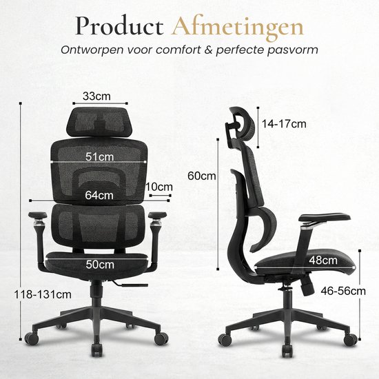 LorneCore Ergonomische Bureaustoel - Bureaustoelen voor Volwassenen - Gamestoel - 5 Verstelpunten - Mesh Rugleuning - 5D Armleuningen - NEN-EN1335 - Office Chair - Zwart