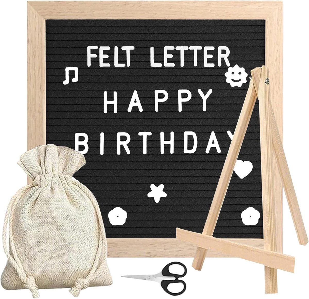 briefbord, 25 x 25 cm houten letterbord met 350 letters, ezel en zakje voor memobord om op te hangen in de keuken, het kantoor of op een bruiloft (zwart)