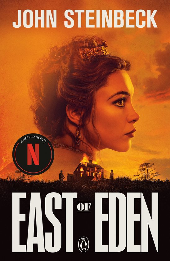 Boekomslag 'East of Eden' met John Steinbeck, een Netflix-serie logo en een vrouw in profiel tegen een brandende achtergrond.