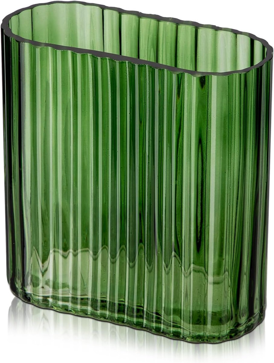Doorzichtige glazen langwerpige vaas - 17 cm geribbelde decoratieve bloemenvaas voor woonkamer, eettafel, bruiloft en thuisfeest - groen