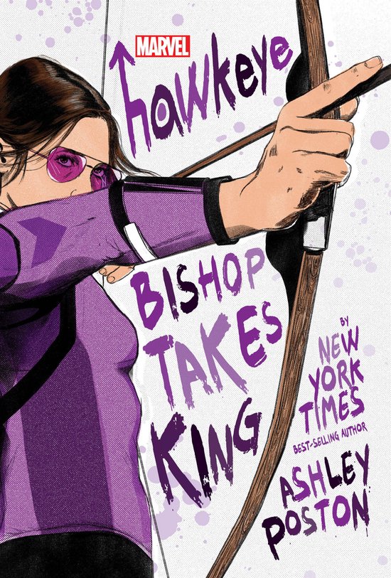 Marvel Hawkeye: Bishop Takes King cover met een vrouw in een paars trainingspak met een strijdbijll en roze bril.