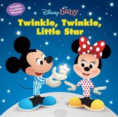 Mickey en Minnie Mouse met pyjama, die een ster vasthouden onder een sterrenhemel. Inclusief 'Lullaby Playlist'.