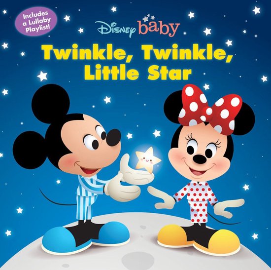 Mickey en Minnie Mouse met pyjama, die een ster vasthouden onder een sterrenhemel. Inclusief 'Lullaby Playlist'.