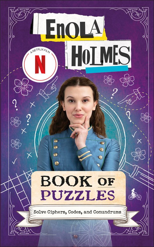 Een Enola Holmes "Book of Puzzles" met Millie Bobby Brown in een blauw kostuum, met Netflix-logo en puzzelmotieven.