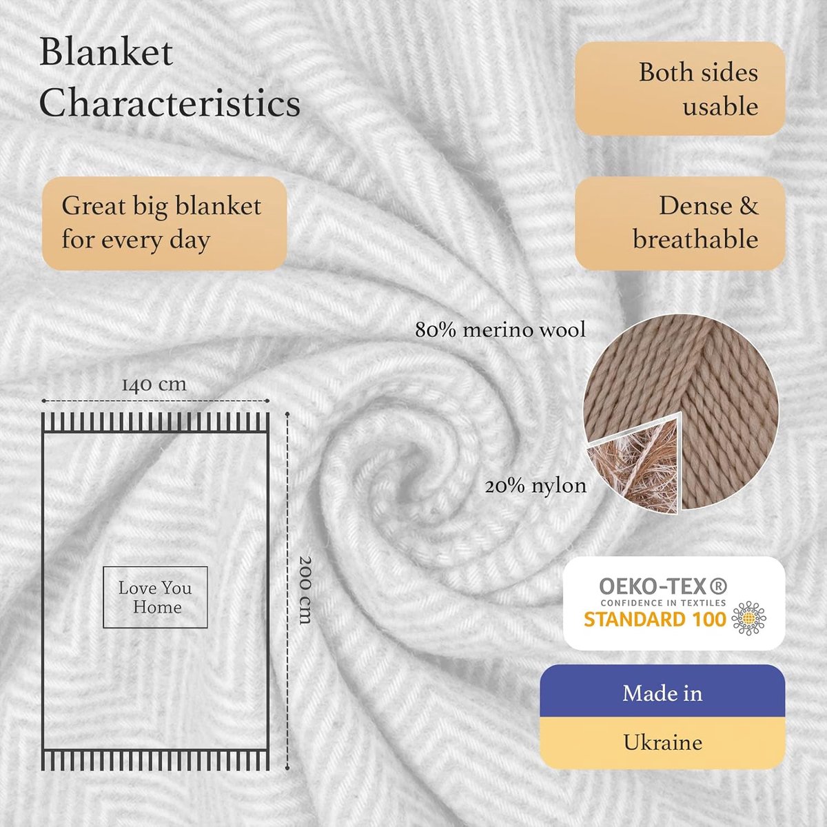 Merino Wollen Deken - Plaid Wol voor Sofa Bank & Bed, Merinowol Blanket Zachte Warme, Grote Sprei Merinowollen, Plaids Schapenwollen (140 x 200 cm | Donkergrijs met Wit Chevron)