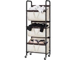 SAYS Wasmand met 3 Vakken, Wasmand op Wieltjes, Organisatie en Opbergruimte voor de Wasruimte, Waskar met 3 Vakken op Wieltjes voor Studentenkamers, Badkamers, Slaapkamers en Kasten, Beige
