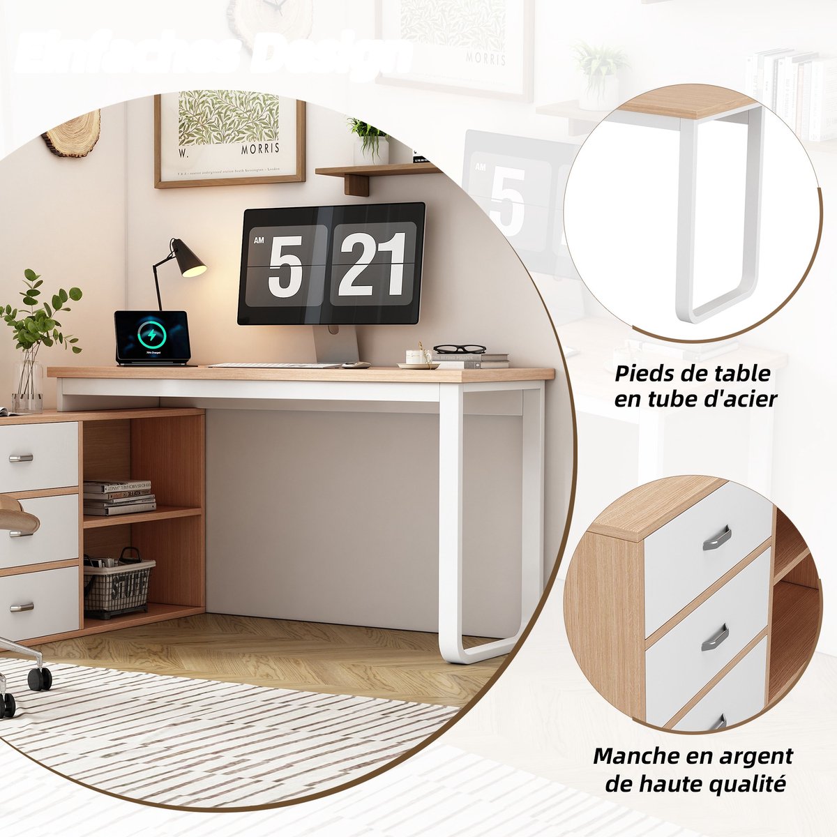 YYchan computerbureau - houtkleur - 147 x 100 x 75,3 cm - met lade - met opbergruimte