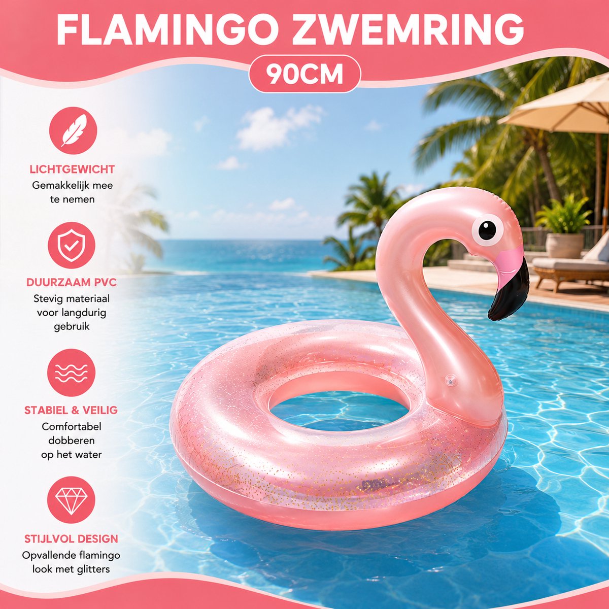 Opblaasbare Flamingo Zwemband 90 cm – Pool Float voor Zwembad & Strand (40–60 kg) – foto 6