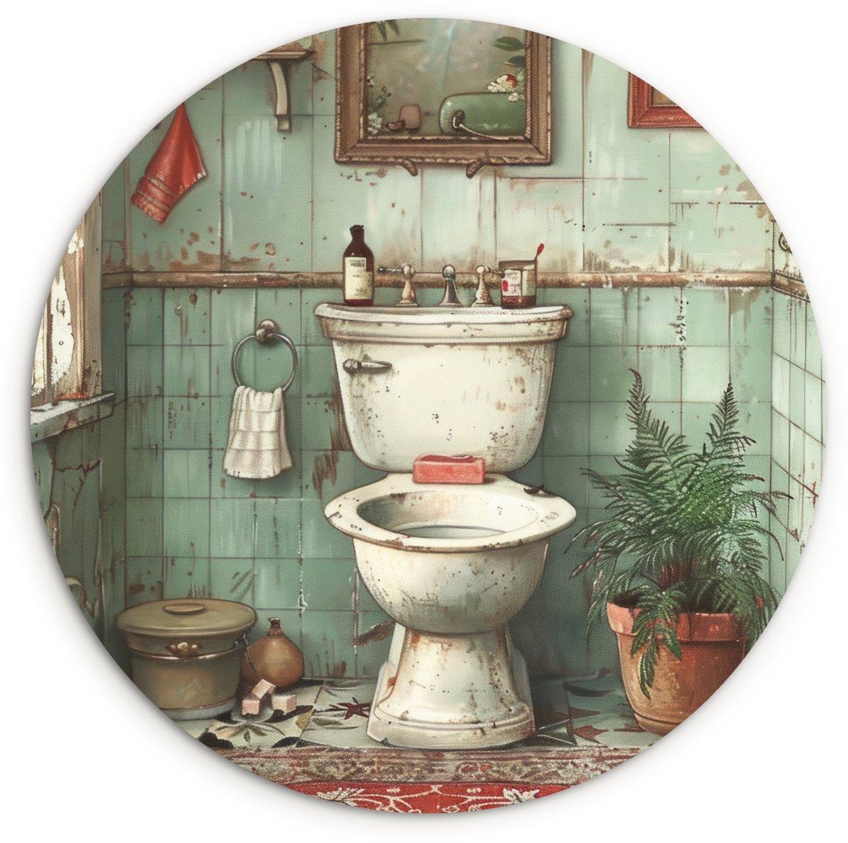 WallCircle® Wandcirkel 90x90 cm - Muurcirkel Vintage - Toilet - Illustratie - Badkamer - T
