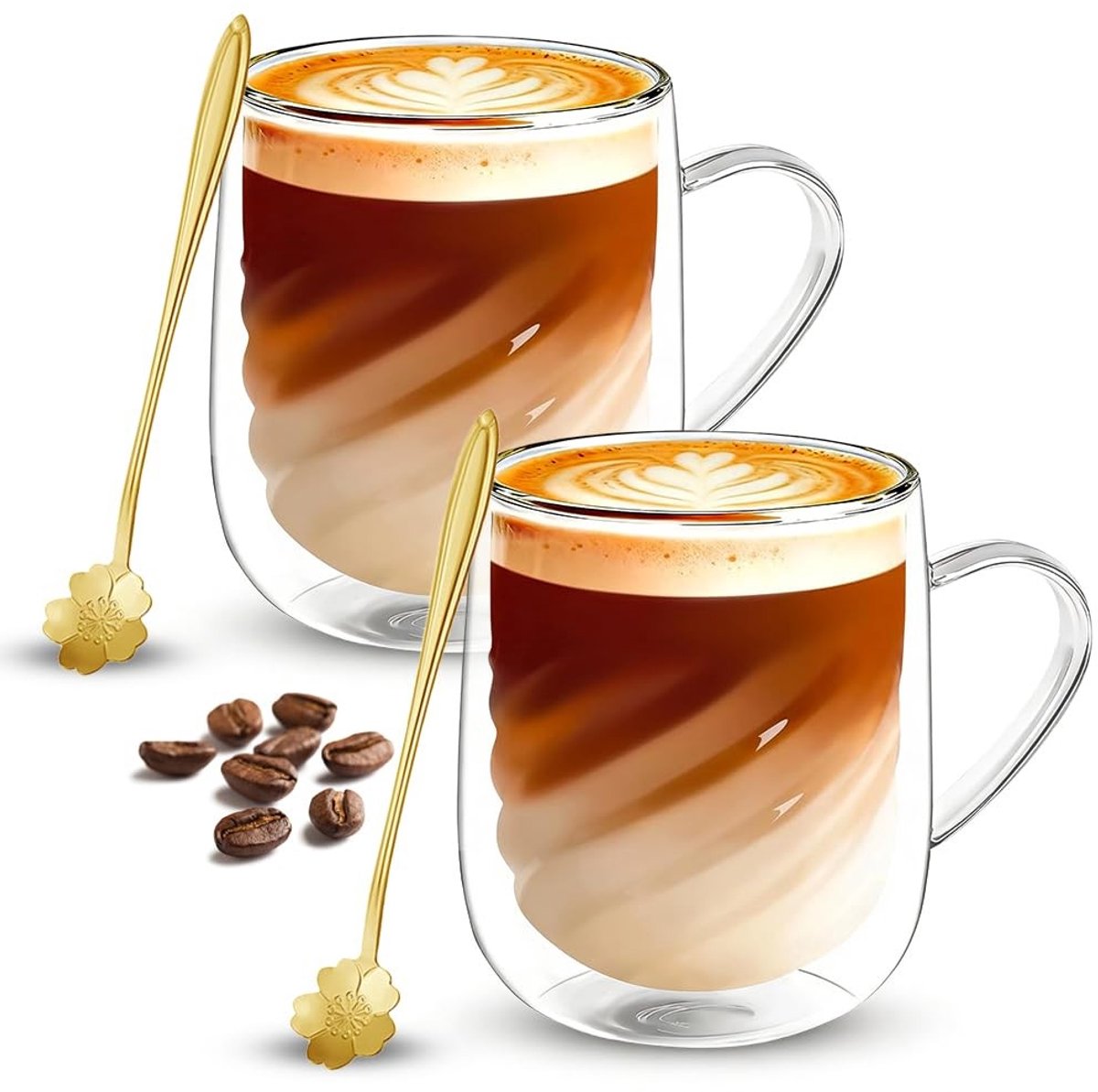 Dailygoods - Dubbelwandige koffieglazen, 350 ml, latte macchiato-glazen, theeglazen met lepels, thermoglazen, dubbelwandig, voor cappuccino, thee, espresso, melk, bier (4)