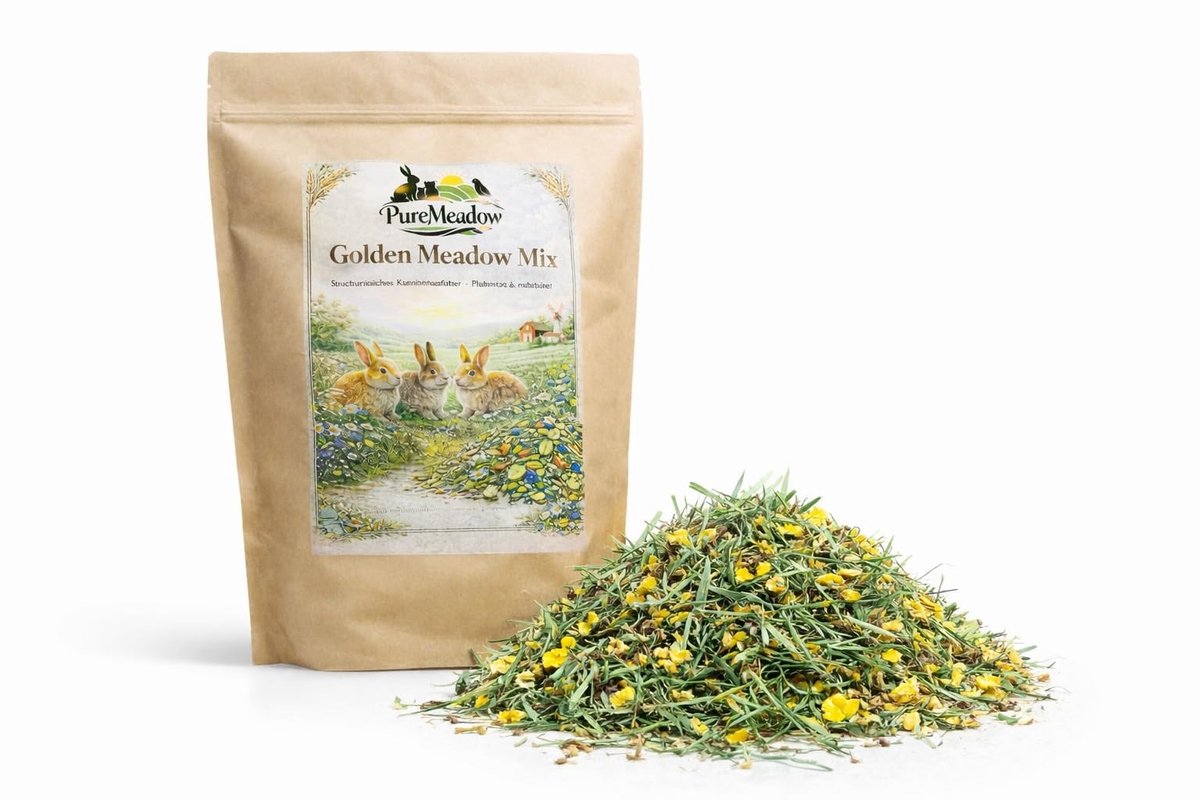 Dailygoods- Konijnenvoer 1 kg - Hoogwaardig aanvullend voer - Weidehooi/kruiden/groenten - Gezonde spijsvertering - Vezelgehalte 19% - Ruw eiwit 11% - Dierenvoer