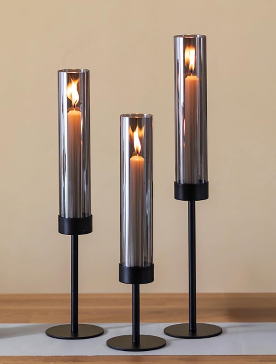 Kandelaar voor Staaskaarsen Zwart met Rookglas: Set van 3 Metalen Kandelaars met Windlicht - Moderne Tafeldecoratie voor Binnen/Buiten, Woonkamer, Kerst