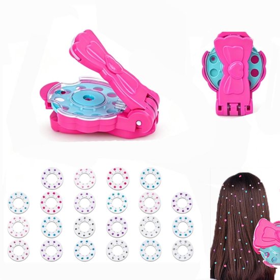 Bedazzler rose pour cheveux avec nœud, applicateur bleu, collage de bijoux de cheveux et applications sur des cheveux bruns.