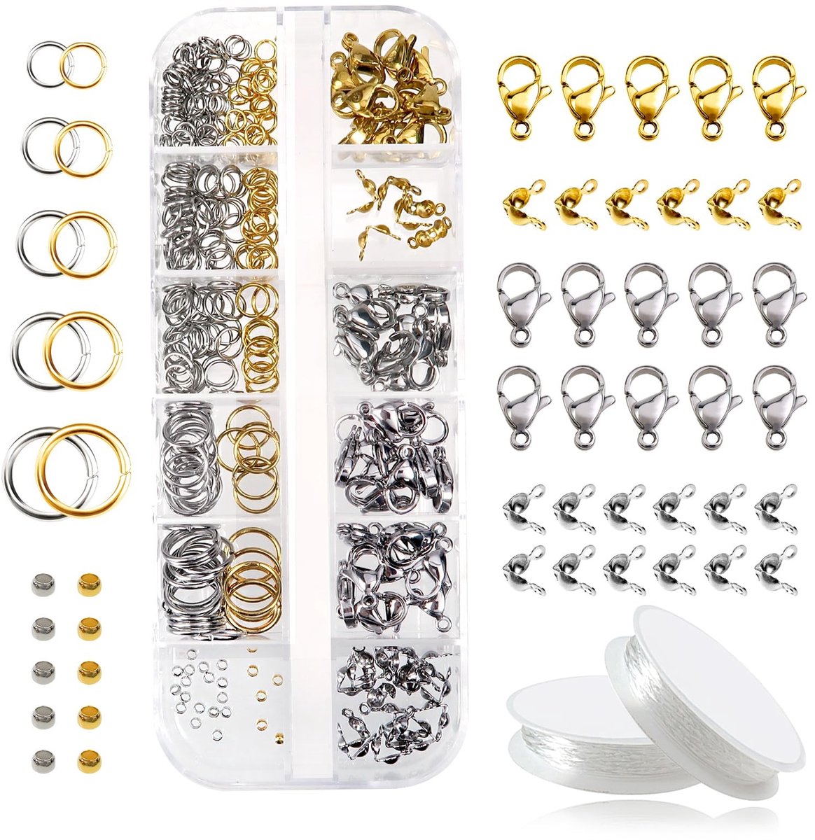 Dailygoods- Kettingsluiting 316 Stuks - Roestvrij Staal - Zilver/Goud - Karabijnsluitingen - Springringen - Knijpkralen - Geschikt voor Sieraden - Sieradensluiting