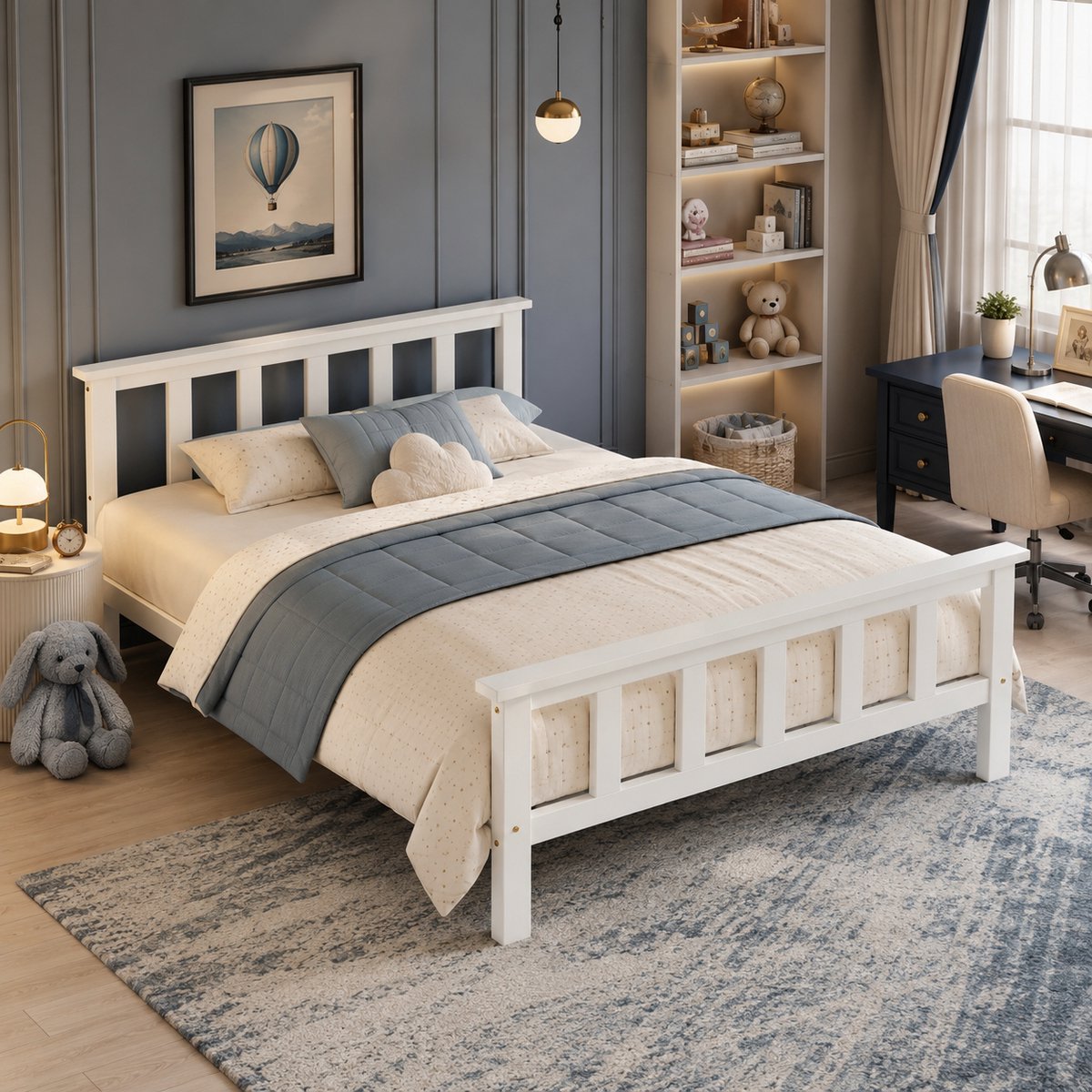 Welltin Kinderbed 90x200 cm - Eenpersoonsbed 90x200 cm - Vloerbed - Houten frame - Massief grenenhout - Met hoofdbord - Lattenbodem - Veilig en comfortabel - Wit