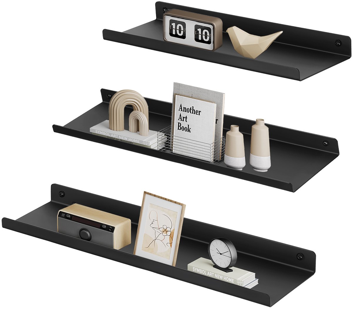 Songmics Wandplank - Wandplankenset van Metaal - 3-delig - Decoratieve Planken voor Woonkamer - Industrieel Design Zwart