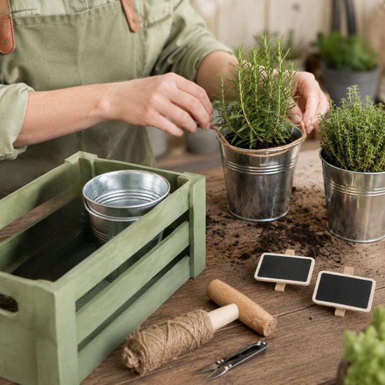 Kinzo Tuingereedschap Set - Tuinierset met Houten Tuinkist en 2 Metalen Plantenpotten - Tuinaccessoires Set voor Planten Verzorging - Kweekset Planten met Plantlabels Set - Groen van Kinzo — afbeelding 2